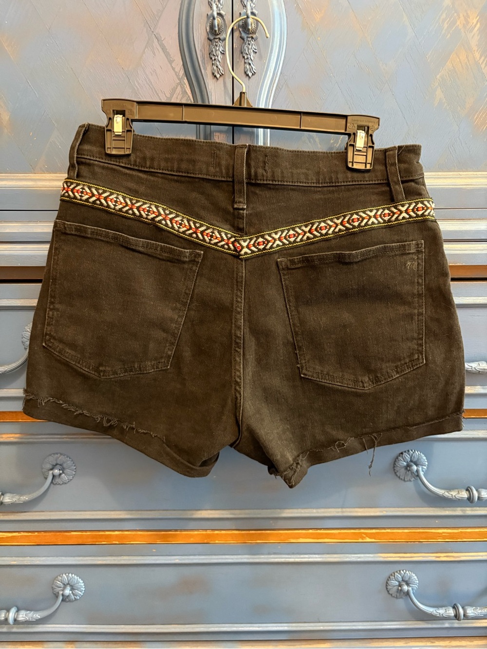 Black Women's Denim Shorts with Customized Vintage Western Embroidered Waistband